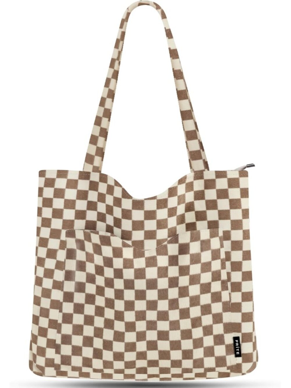 Women's Checkered Corduroy Tote Bag Zipper Large Shoulder Bag with Zipper Pocket